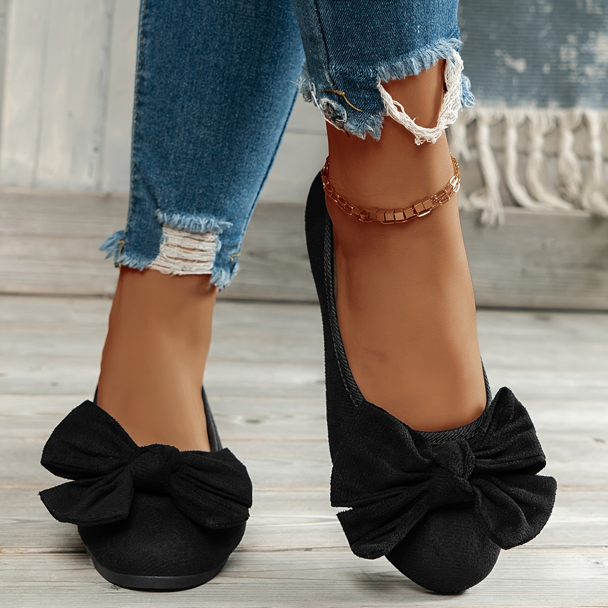 Women's Flannel Bow-Knot Flats Comfortable Slip-On Round Toe Shoes