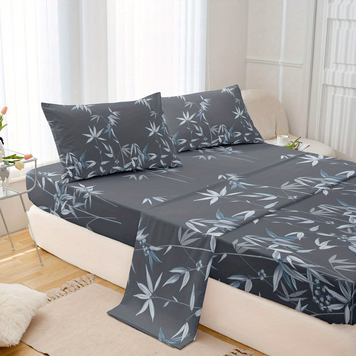 Conjunto de ropa de cama con estampado de hojas de bambú transpirable que incluye sábanas planas y ajustables, fundas de almohada, 4 piezas