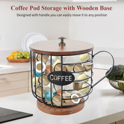 Large Capacity Coffee Capsule Holder Wooden Base Metal Wire Basket for Espresso Capsules