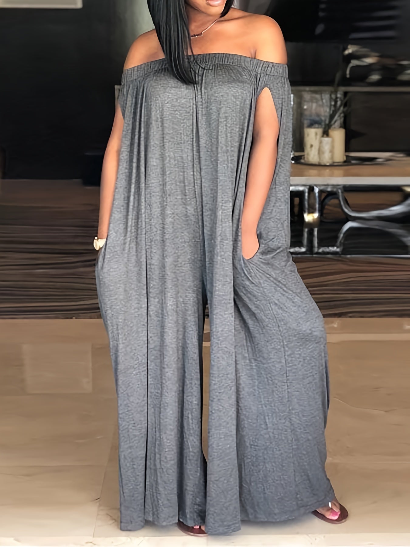 Women's Plus Size Strapless Jumpsuit Polyester Elastane Long Pockets