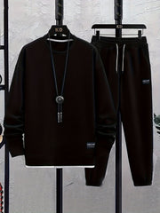 Men's Gray Waffle Knit Sweatsuit Set with Kindergarten Patch Matching Joggers Crew Neck Elastic Waist and Ankle Cuffs