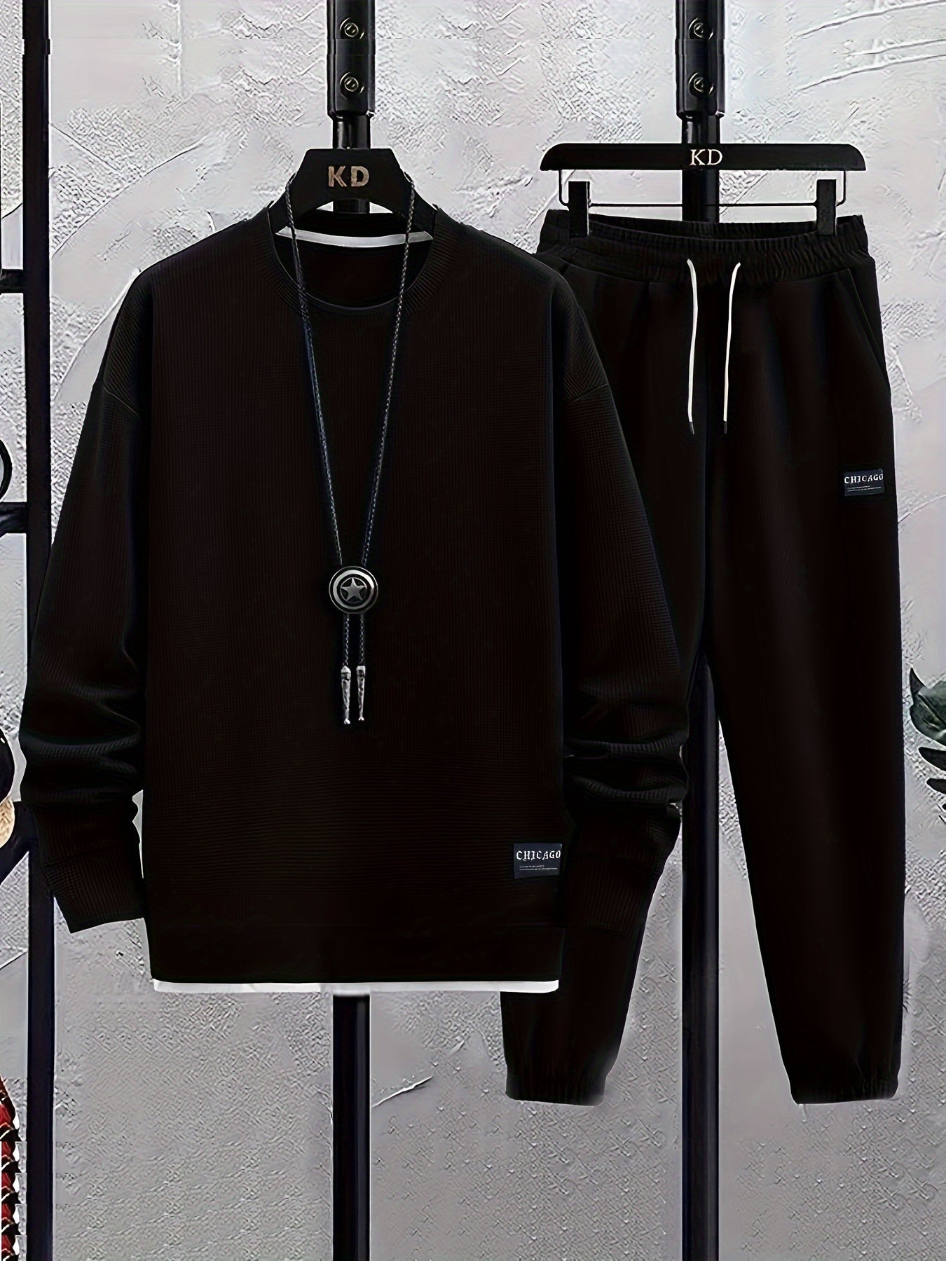 Men's Gray Waffle Knit Sweatsuit Set with Kindergarten Patch Matching Joggers Crew Neck Elastic Waist and Ankle Cuffs