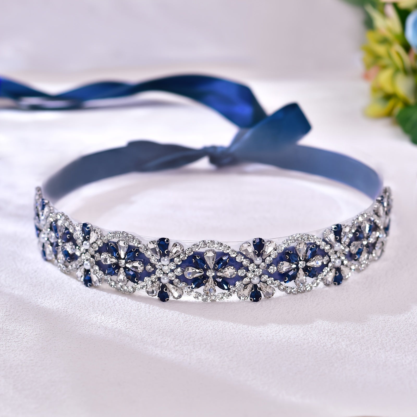 Women’s Rhinestone Waistband Blue Nautical Ribbon Bridal Garter for Wedding Party