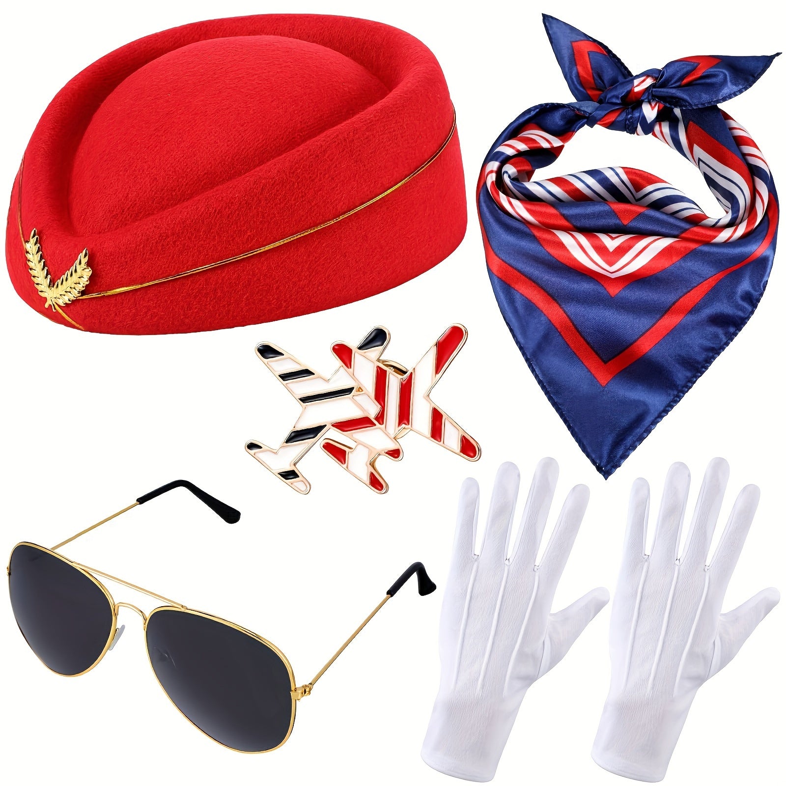 Women's Flight Attendant Costume Accessories Set with Hat Glasses Scarf Gloves