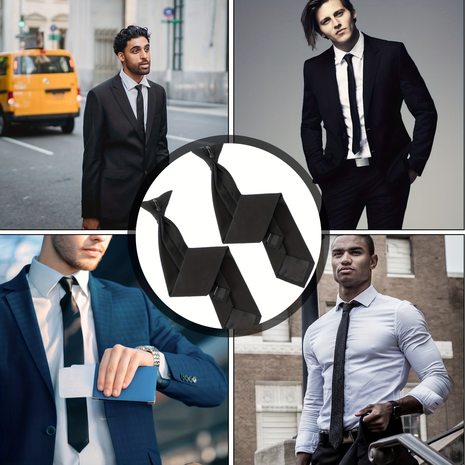 Set of 2 Men's Black Clip-On Neckties for Business Weddings and Formal Wear