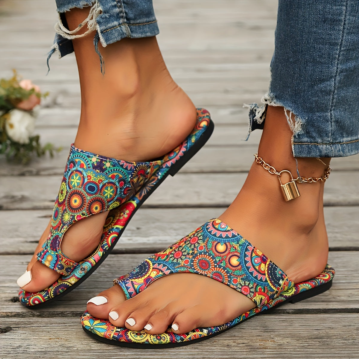 Women's Flat Sandals Bohemian Floral Toe Loop Multicolor Fabric