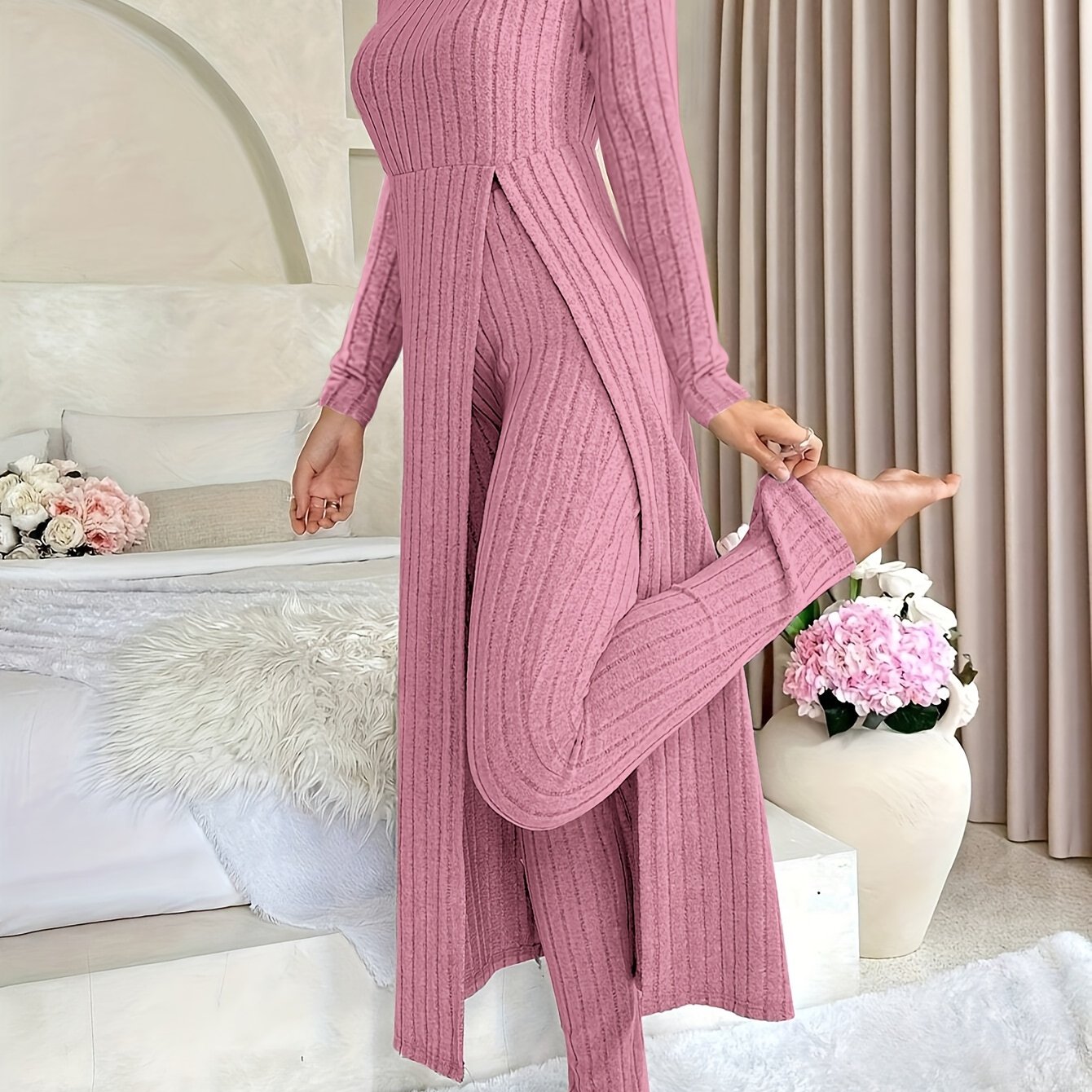 Women's Ribbed Long-Sleeved Top and Pants Set Polyester Solid Casual All-Season