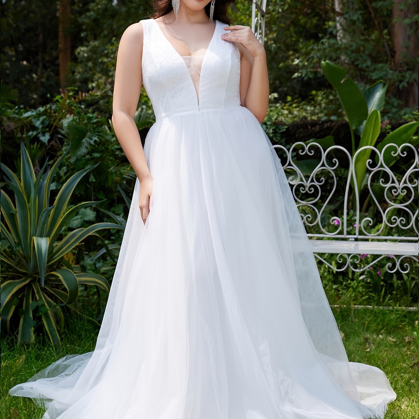 Plus Size Women's Lace Panel V-Neck Wedding Evening Gown Formal Maxi Dress