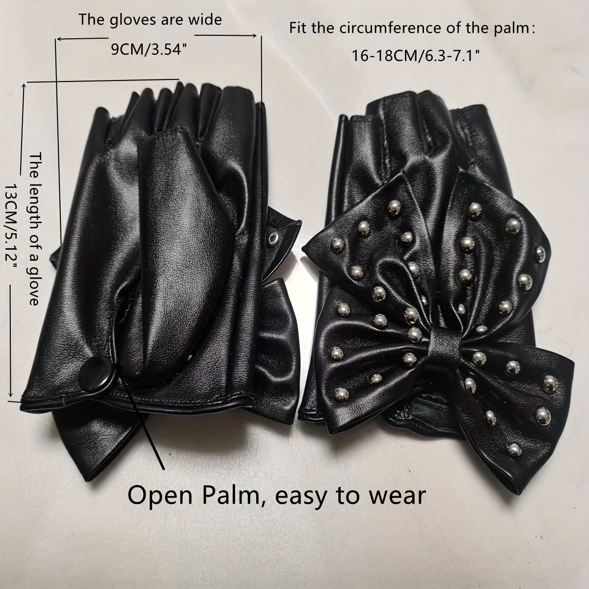 Women's Half Finger Rivet Bow PU Leather Gloves for Punk Dance and Hip Hop