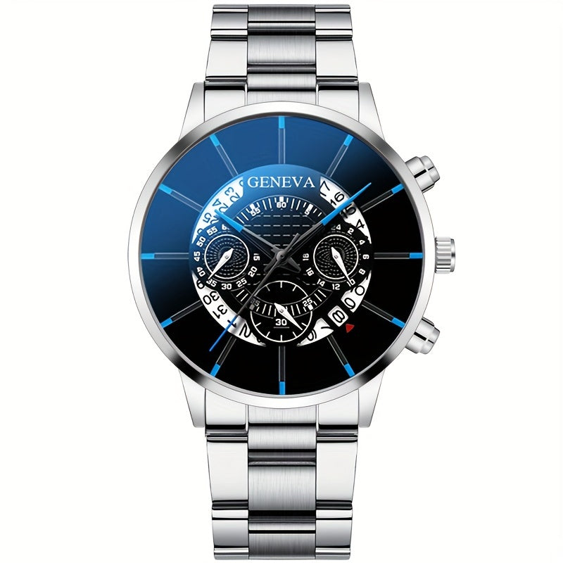 Men's Quartz Watch Stainless Steel Band Calendar Feature