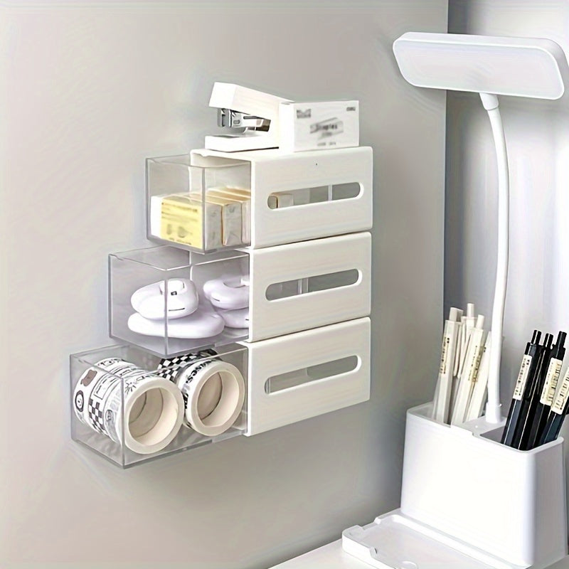 Wall Mounted Storage Organizer with Drawer for Bathroom Office Dorm No-Drill Flip Design