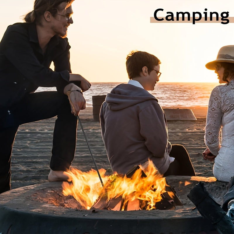 Portable Fire Pit Poker Stick with Swivel Mount and Wooden Handle for Camping and Indoor Use