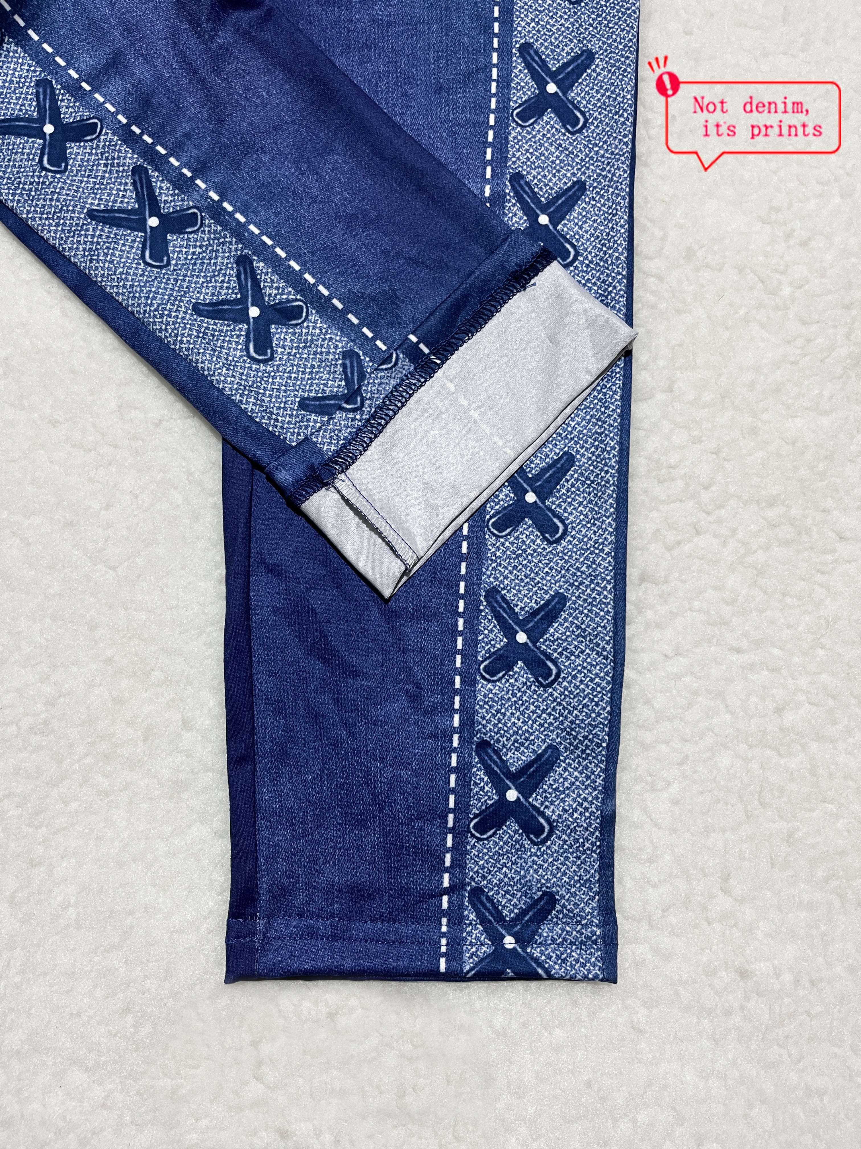 Women's Skinny Leggings with Faux Denim Print Cropped Spring Summer Activewear