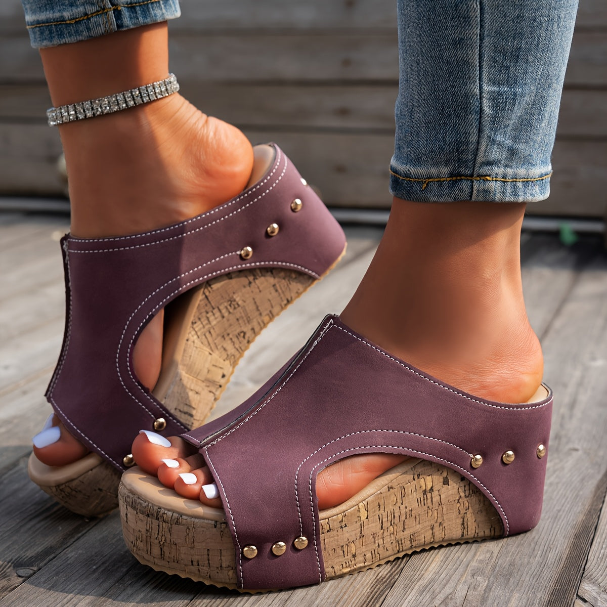 Women's Faux Leather Wedge Sandals Open Toe Slip-On Platform Shoes