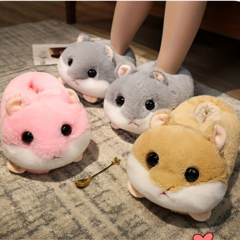 Women's Plush Hamster Slippers Non-Slip Indoor House Shoes Pink Grey Beige