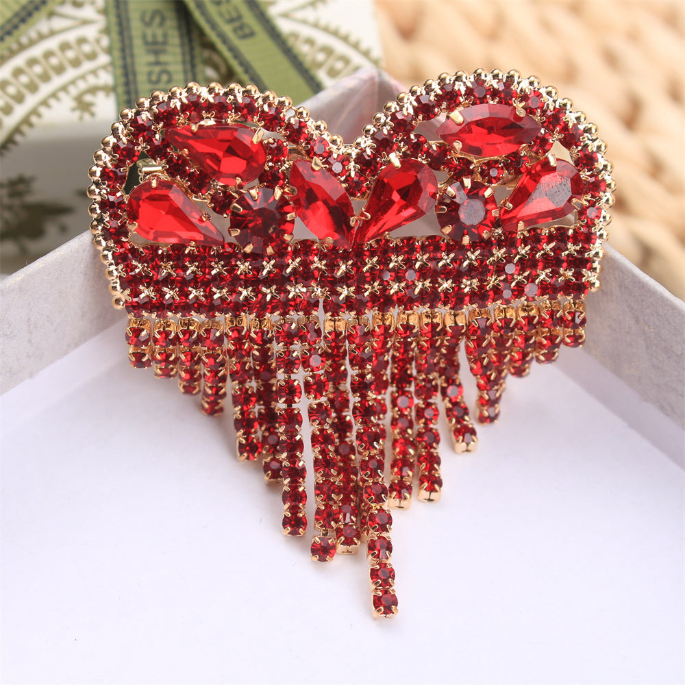 Heart-Shaped Rhinestone Brooch Pin with Tassel Irregular Shape for Ladies Party Wear