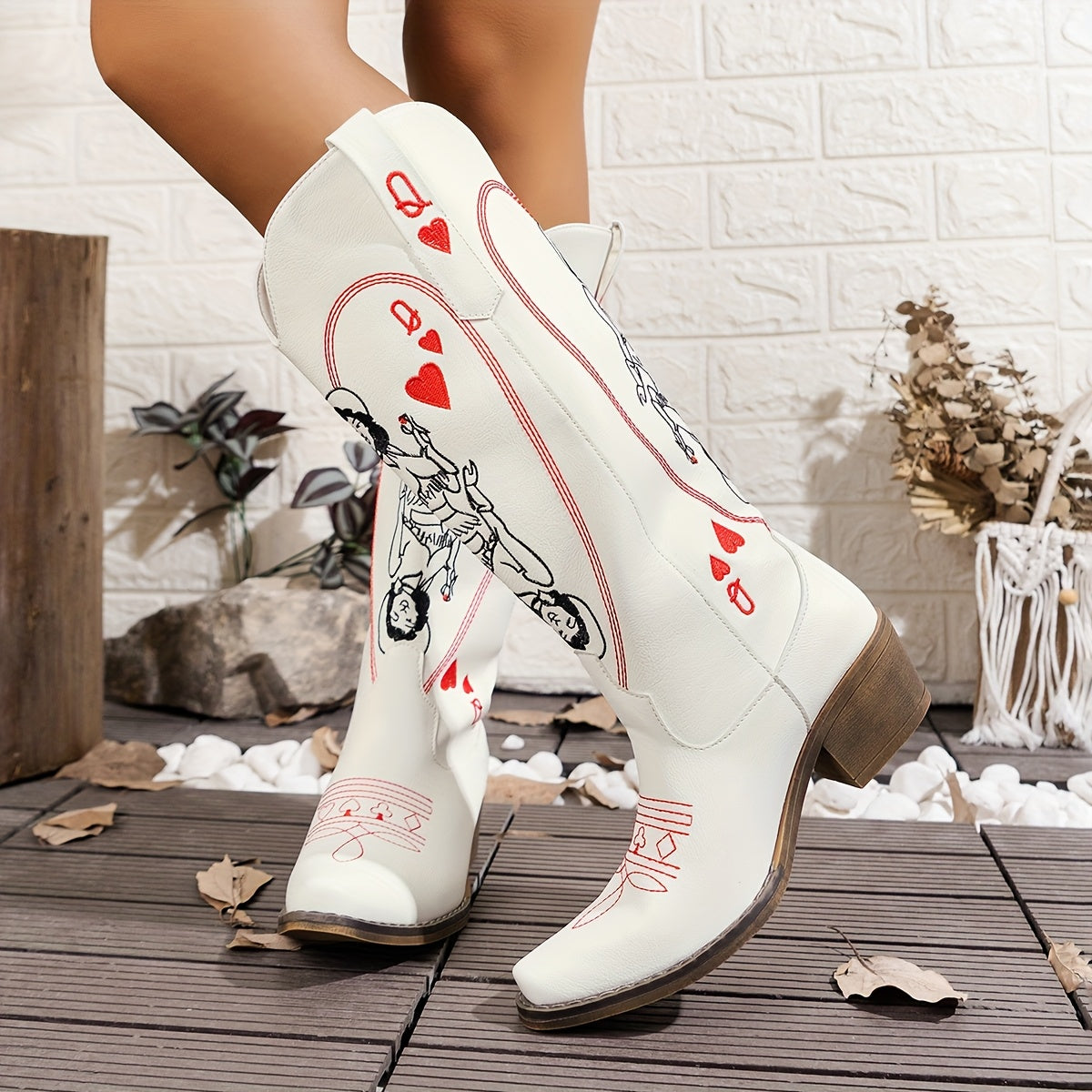 Women's Embroidered Western Cowboy Boots Pointed Toe Mid-Heel Slip-On All-Season