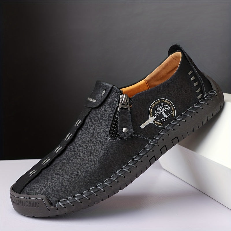 Men's Leather Zipper Loafers Slip-On Casual Shoes for Spring Summer Non-Slip Round Toe