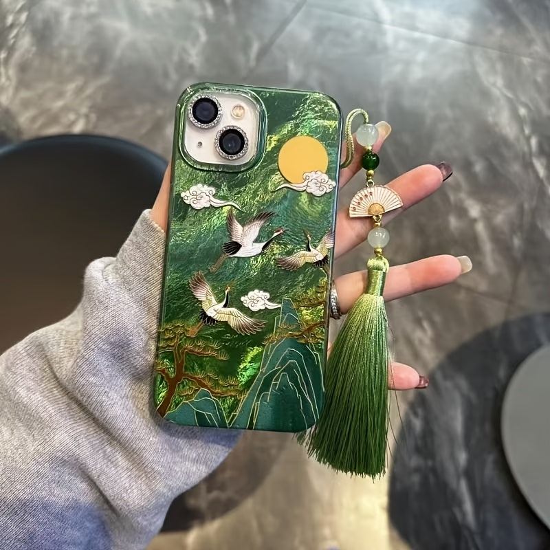 Vortex Pattern Mountain Cloud Crane Phone Case for iPhone 11-16 Pro Max TPU Tassel