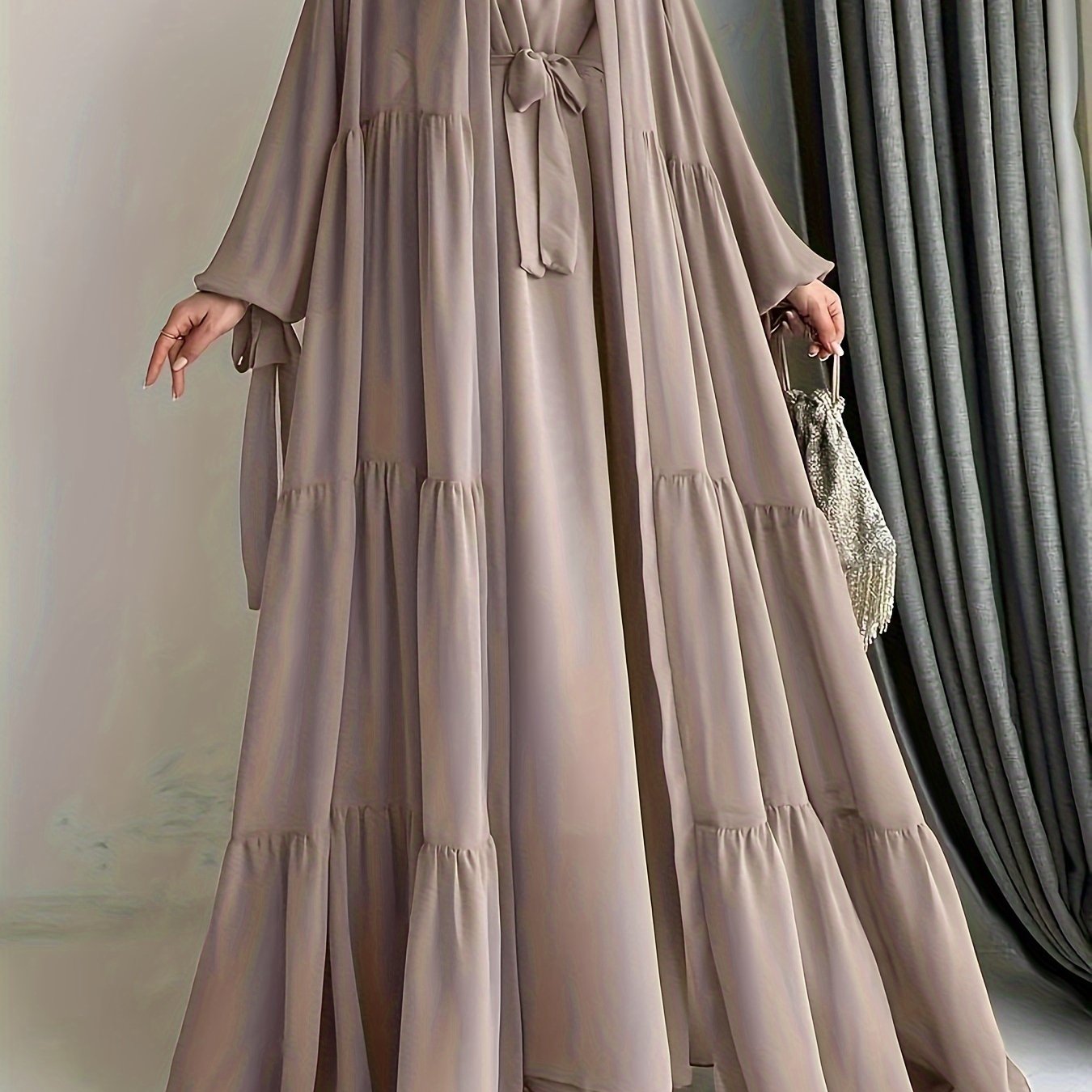 Chiffon Abaya with Lantern Sleeves Belt Ruffle Asymmetrical Hem for All Seasons