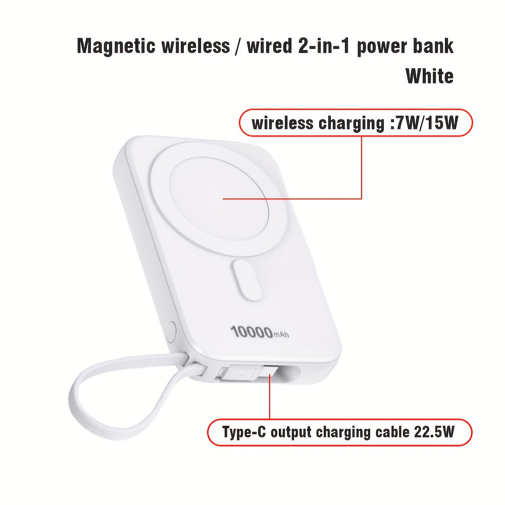Wireless Power Bank 10000mAh Fast Charging Magnetic Suction with Nylon Cable