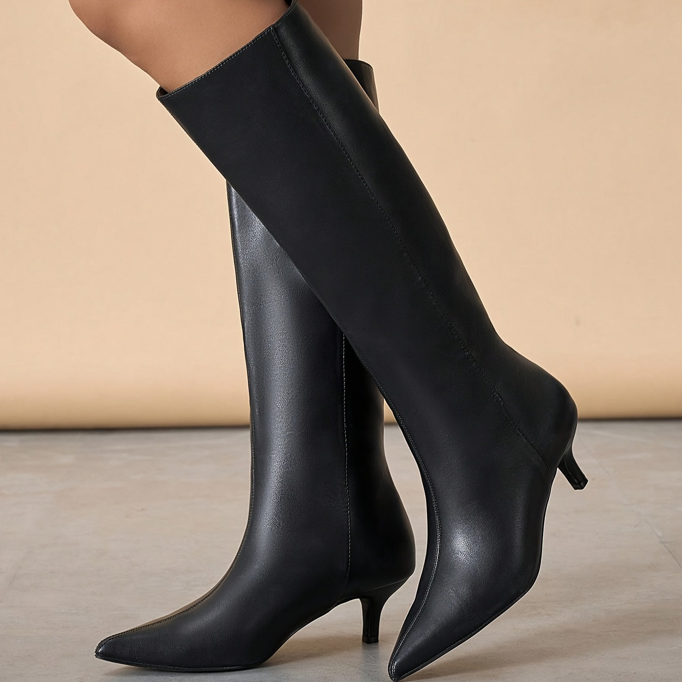 Women's Black PU Mid-Calf Boots with Pointed Toe and Kitten Heel