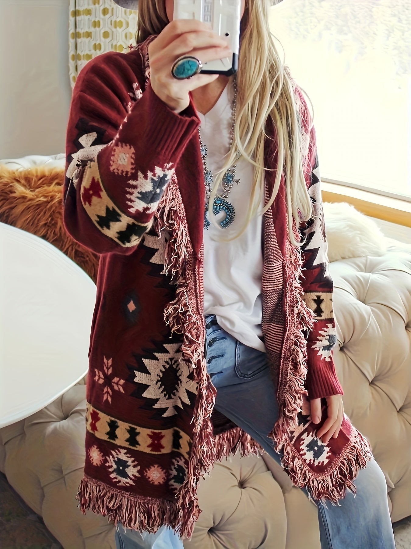 Plus Size Knit Cardigan with Tassels Open Front Long Sleeve Fall Winter Women's Clothing