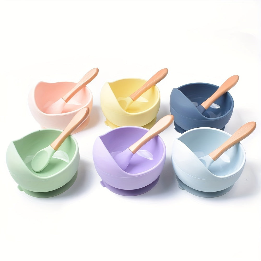 Kids' Feeding Set Silicone Bowl with Suction and Wooden Fork BPA-Free Dishwasher Safe 9 Colors