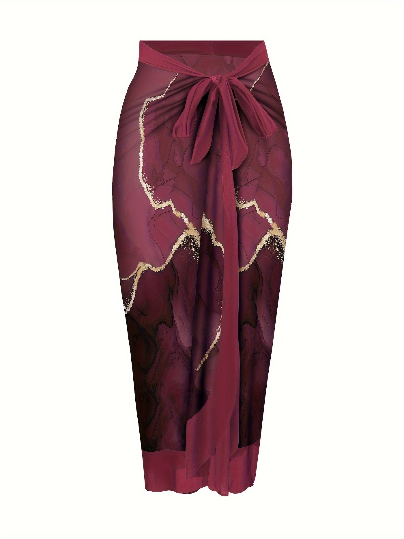 Deep Red Printed Two-Piece Beachwear Set with Crisscross One-Piece and Tie-Waist Skirt