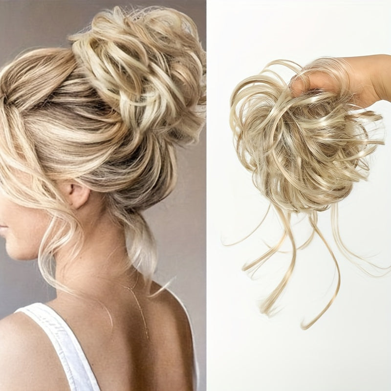 Women's Synthetic Curly Wavy Hair Bun Scrunchie in Dark Brown and Blonde