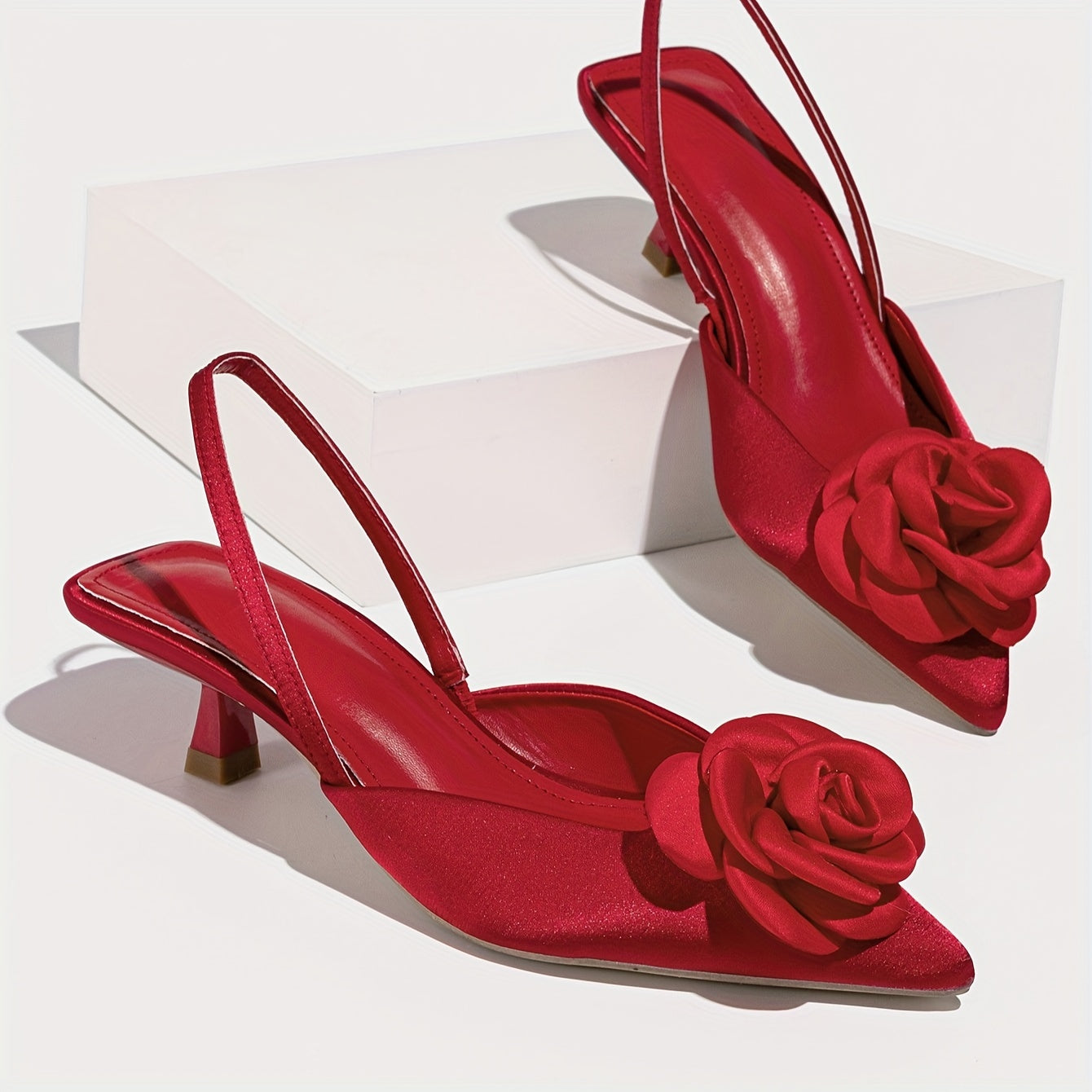 Red Pointed Toe High Heel Shoes with 3D Flowers for Night Weddings