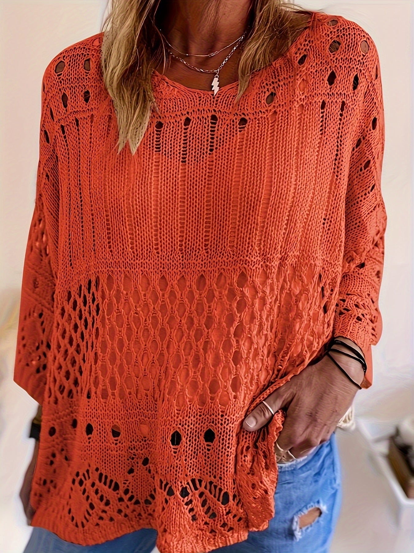 Plus Size Oversized Knitwear Layered Top with Sun Protection and Cut-Out Design