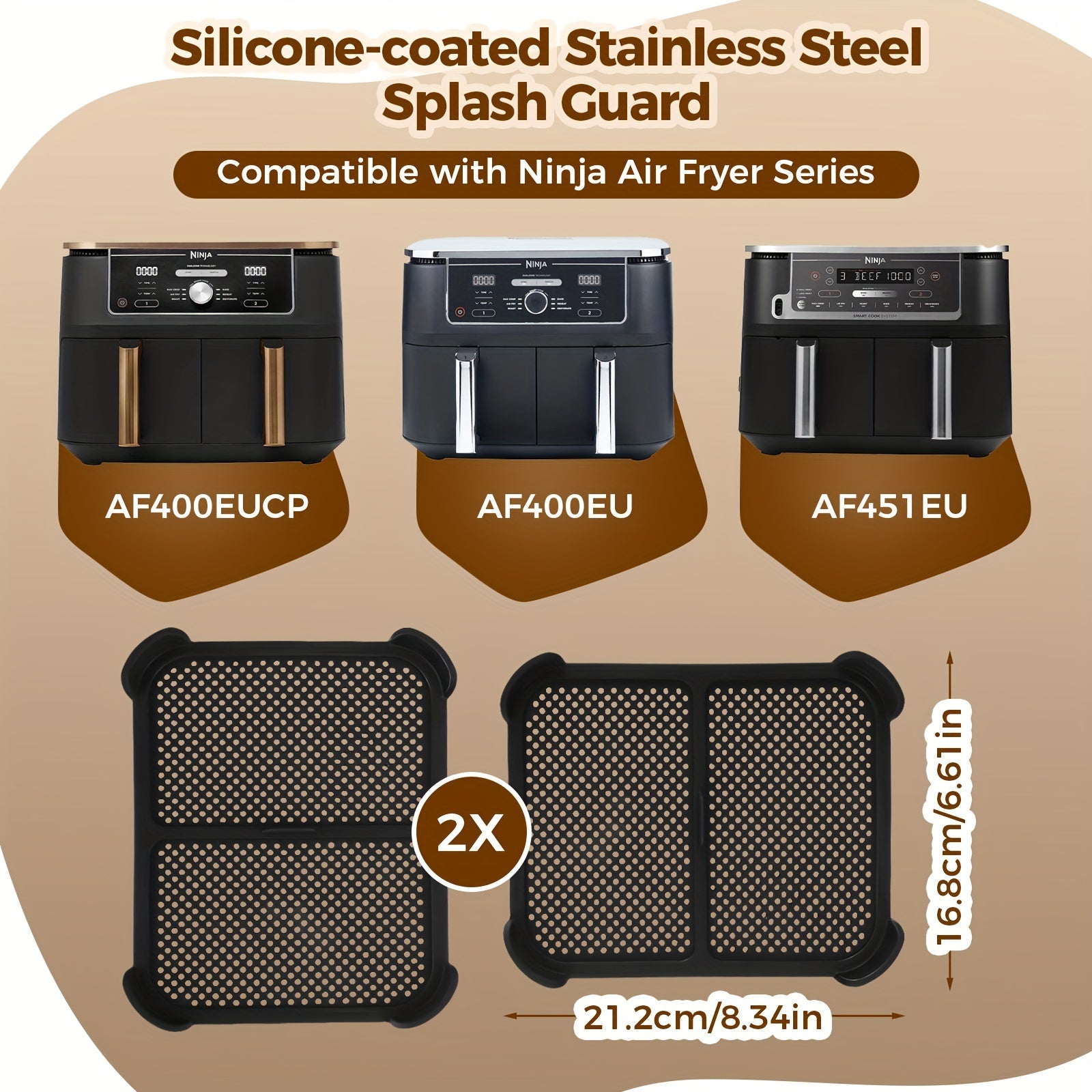Silicone bilan qoplangan zanglamaydigan po'latdan yasalgan splash guardlar, havo frayer uchun, 2 ta paket, AF400EU AF451EU DZ401 bilan mos keladi
