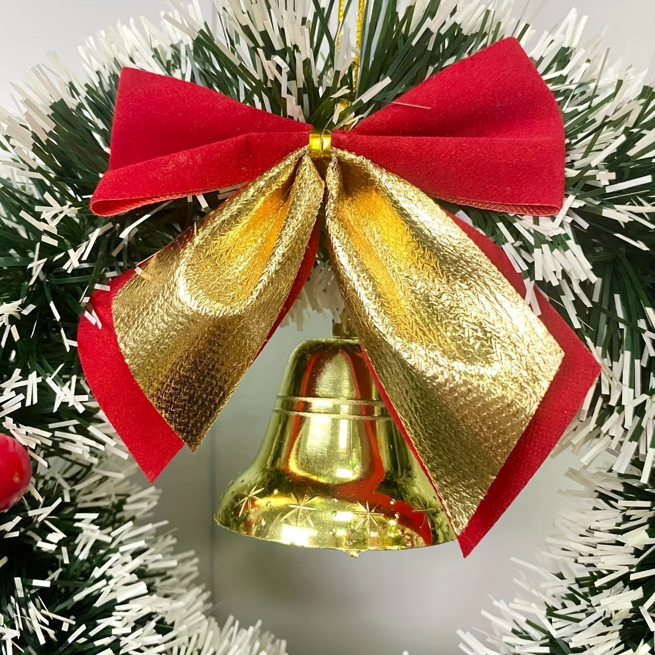 20/30cm Christmas Garland Dark Green White Edge Bells Red Fruit Bow