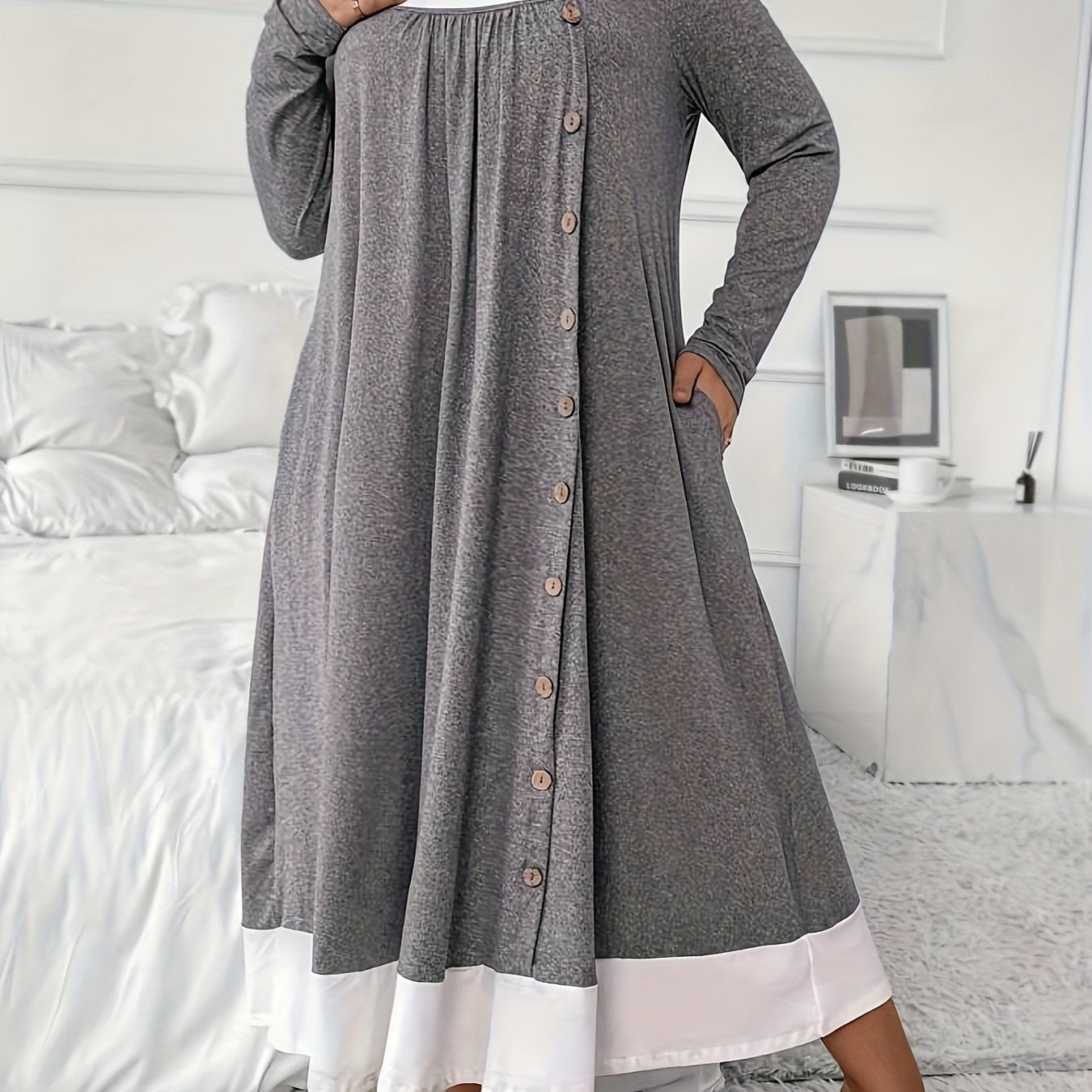 Plus Size Women's Sleep Dress Long Sleeve Nightgown Lounge Wear