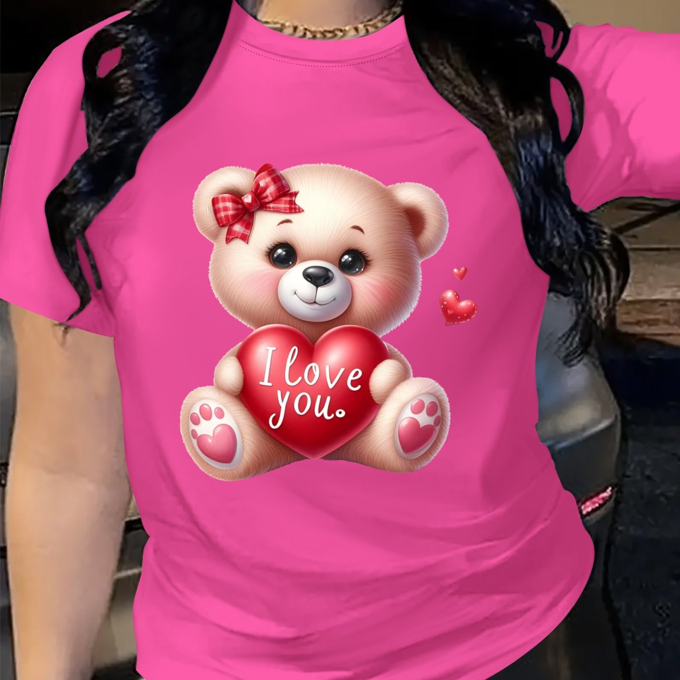 Plus Size Women's Loose Fit T-Shirt with Cartoon Bear and Heart Print