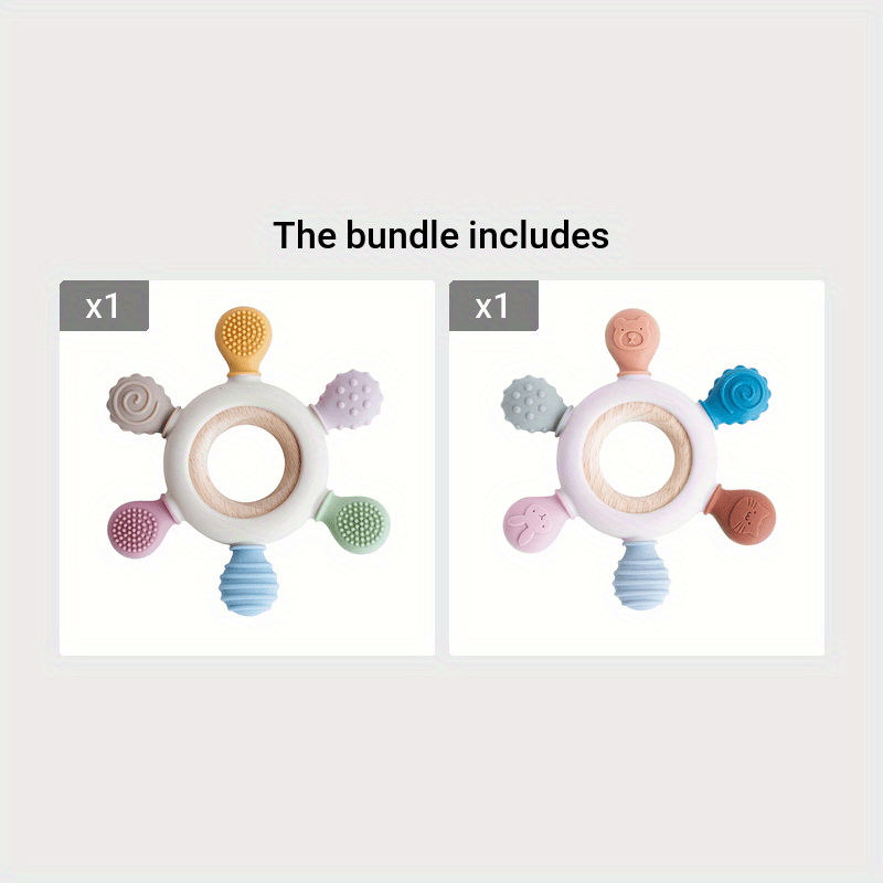 Baby Teether Silicone Rudder Shape with Wooden Ring BPA Free for Newborns
