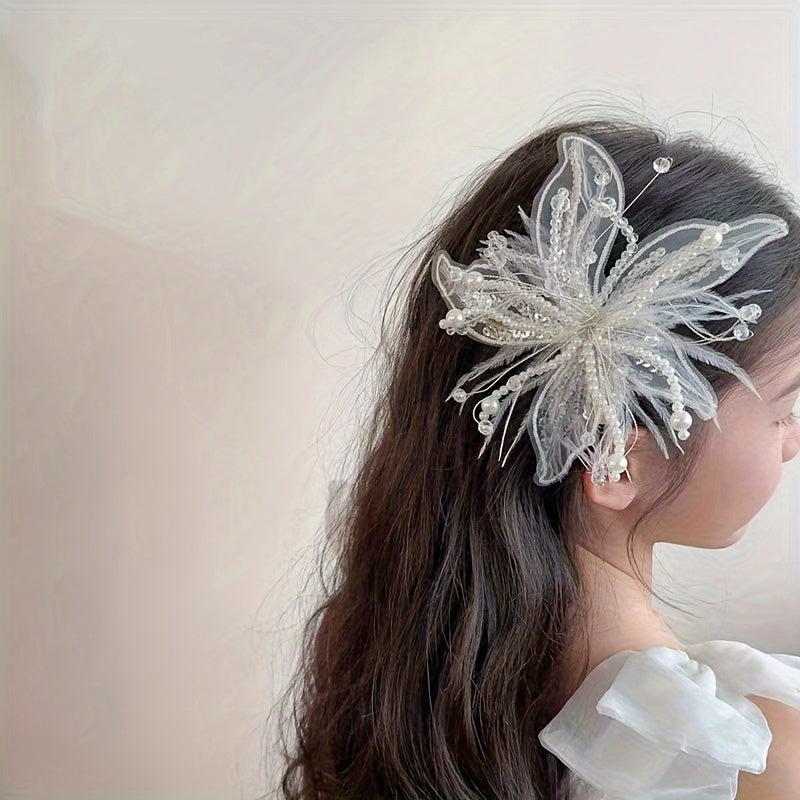 White Lace Flower Hairpin with Feather Edge for Bridal Wedding Accessories
