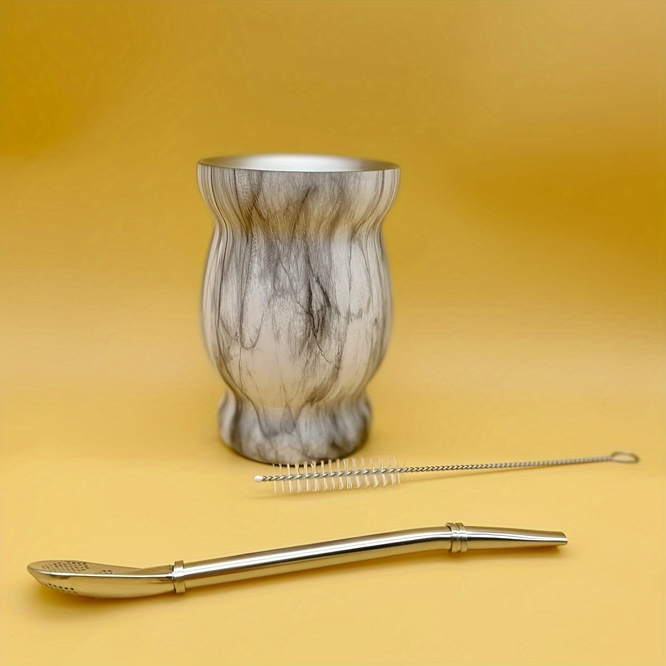 Set of 3 Stainless Steel Double-Walled Yerba Mate Cups with Straws 8oz Pink Marble