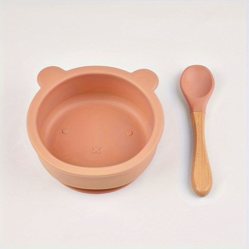 Baby Feeding Set Silicone Suction Bowl with Wooden Handle and Spoon BPA Free