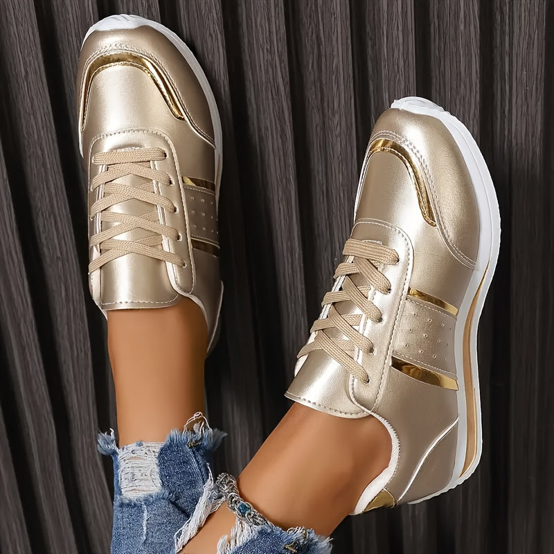 Women's Glitter Stripe Casual Sneakers with Metallic Gold Upper