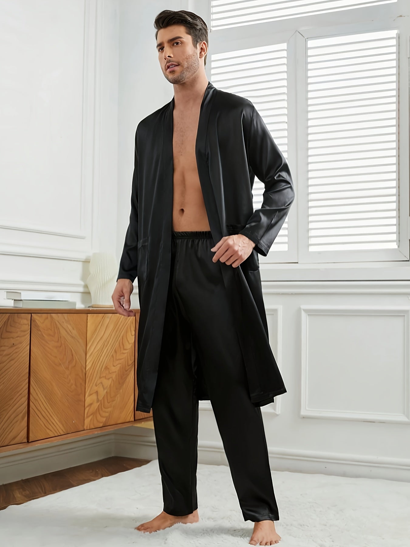 Men's Solid Color Woven Robe Set with Belt Long Sleeves V-Neck Casual