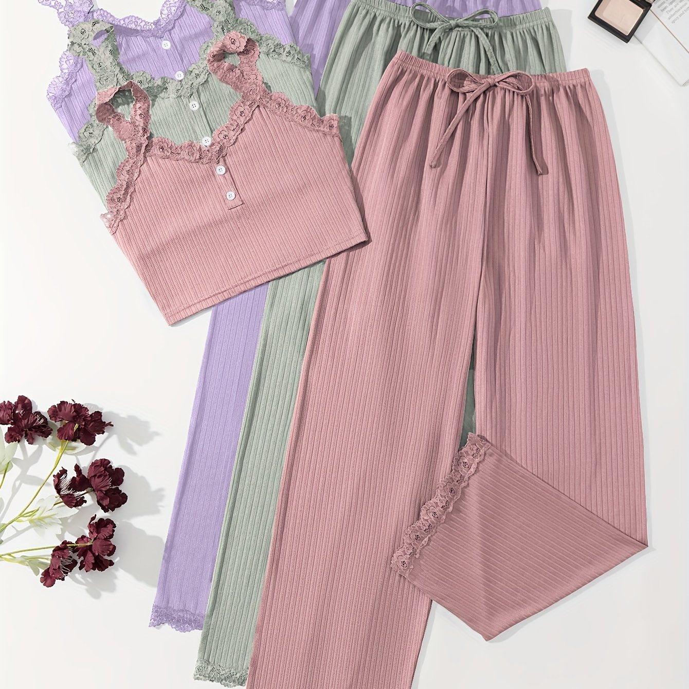 Women's Ribbed Lounge Set with Lace Trim Crop Cami Top and Long Pants