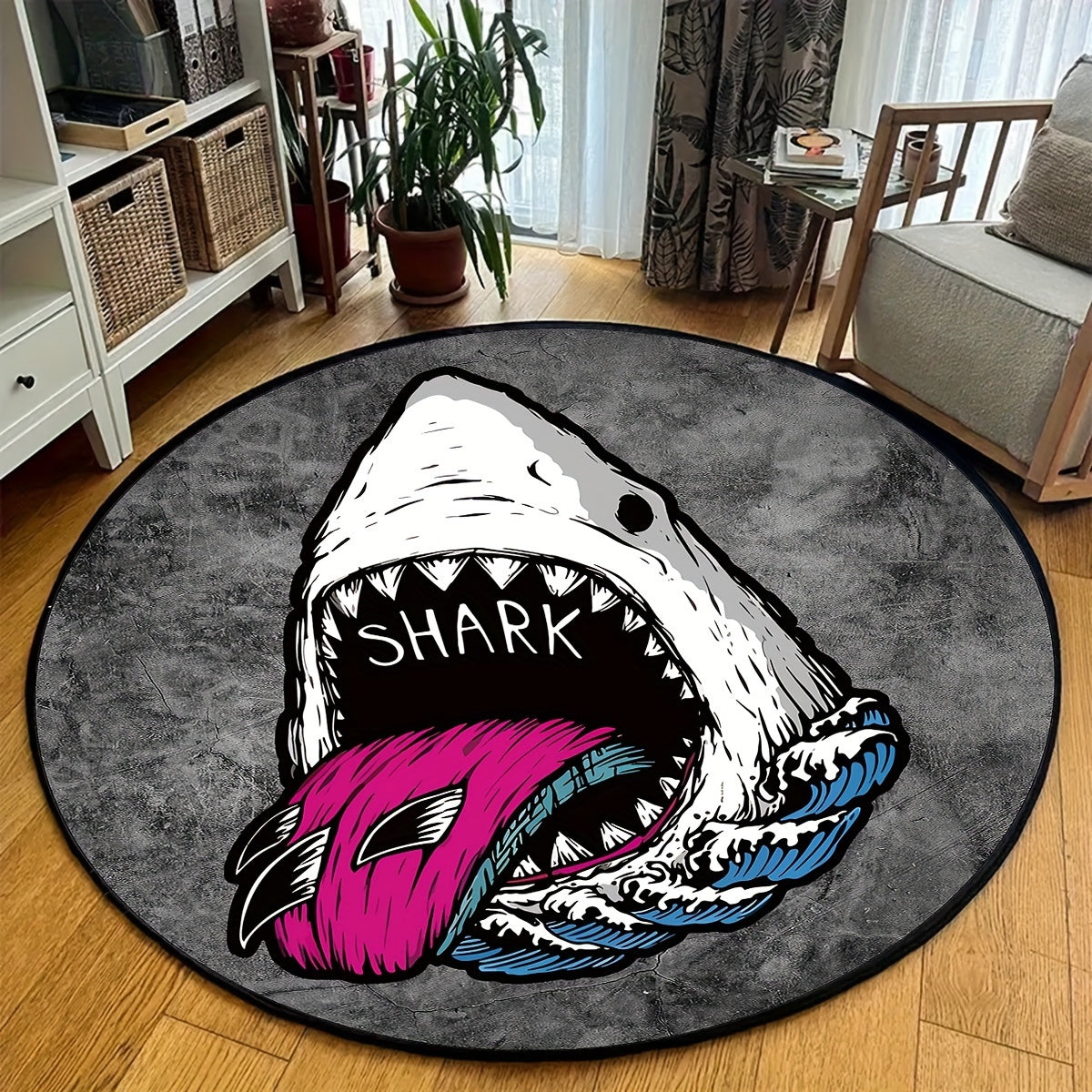 Shark Cartoon Round Area Rug Soft Knit Non-Slip Polyester Indoor Home Decor