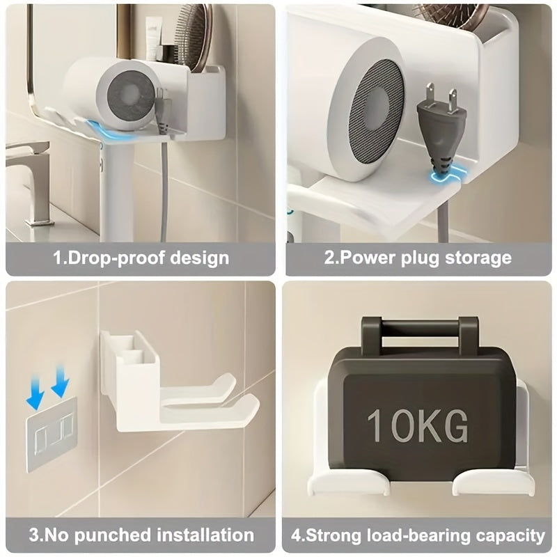 Wall-Mounted Hair Dryer Holder Metal Plastic Space-Saving Bathroom Organizer 16.5x7x12.5cm