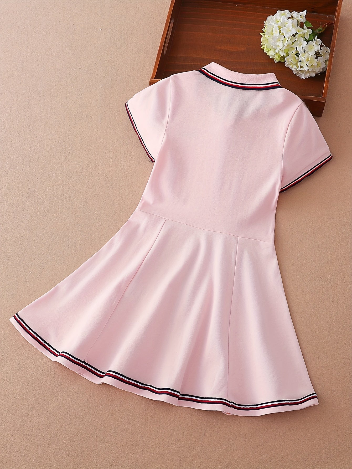 Girls Cotton Dress Short Sleeve Embroidered Summer Preppy Knee High Solid