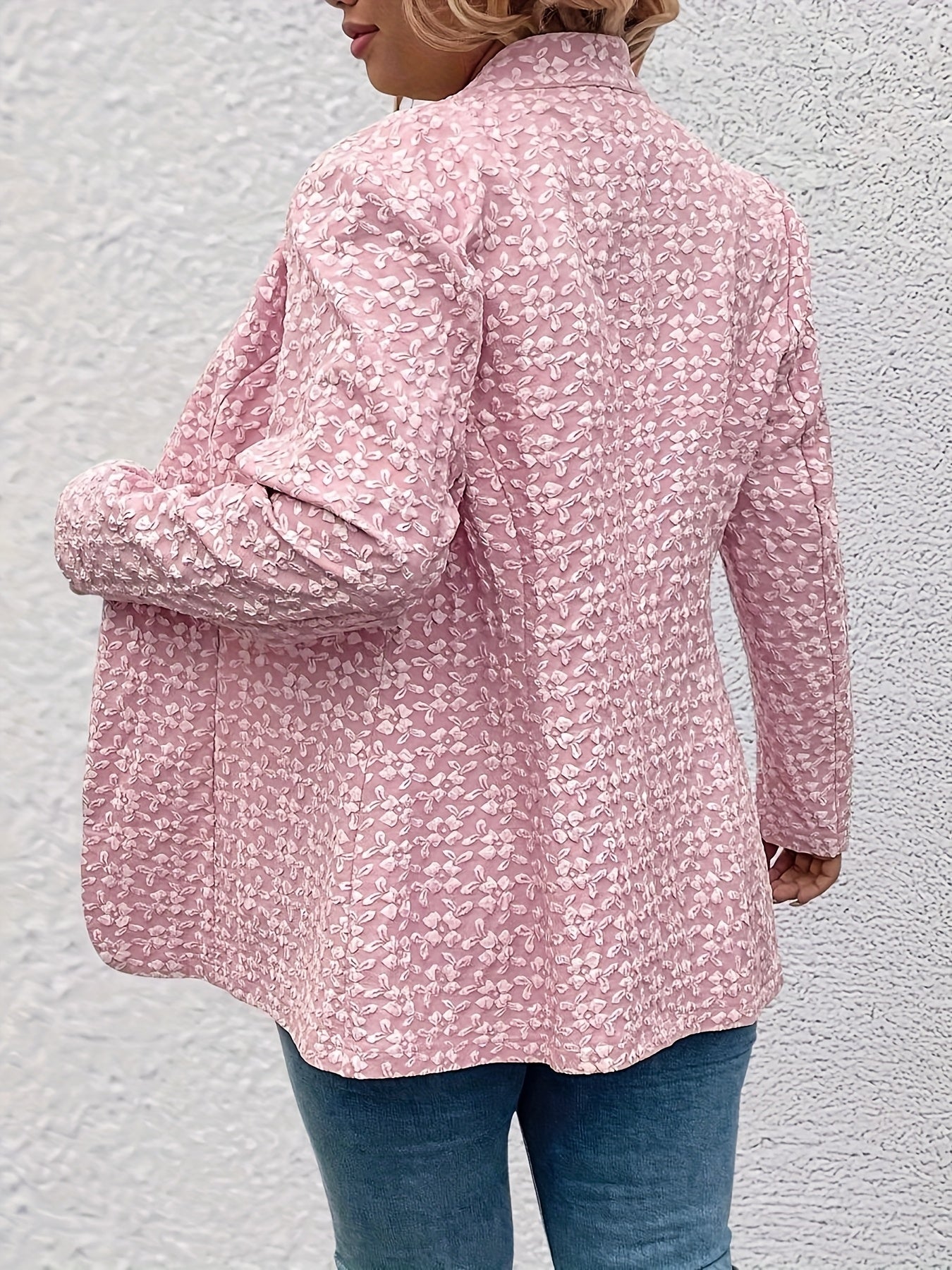 Plus Size Women's Pink Jacquard Mid-Length Blazer Long Sleeve Solid Color