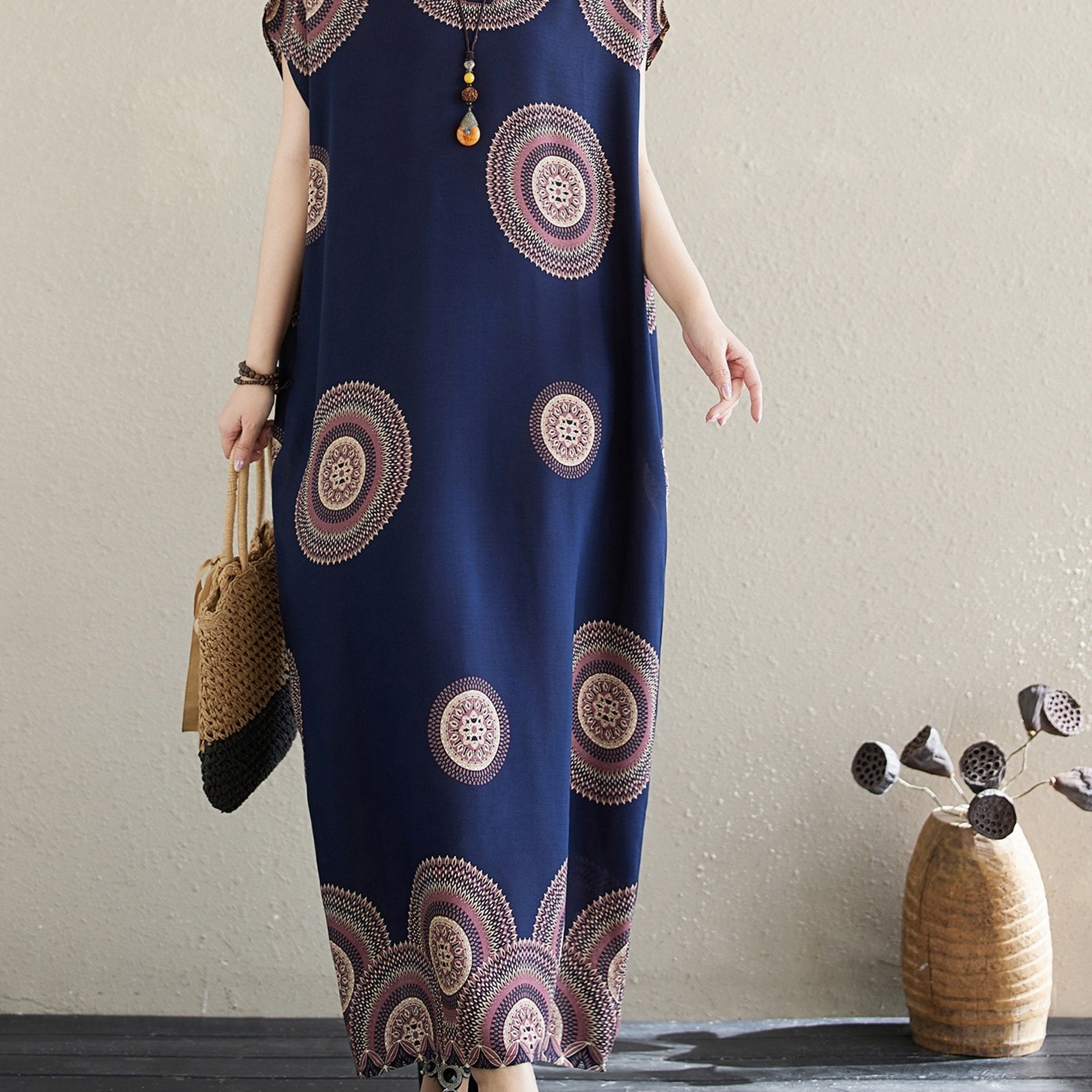 Plus Size Bohemian Rayon Maxi Dress V-Neck with Pockets All-Season Yellow