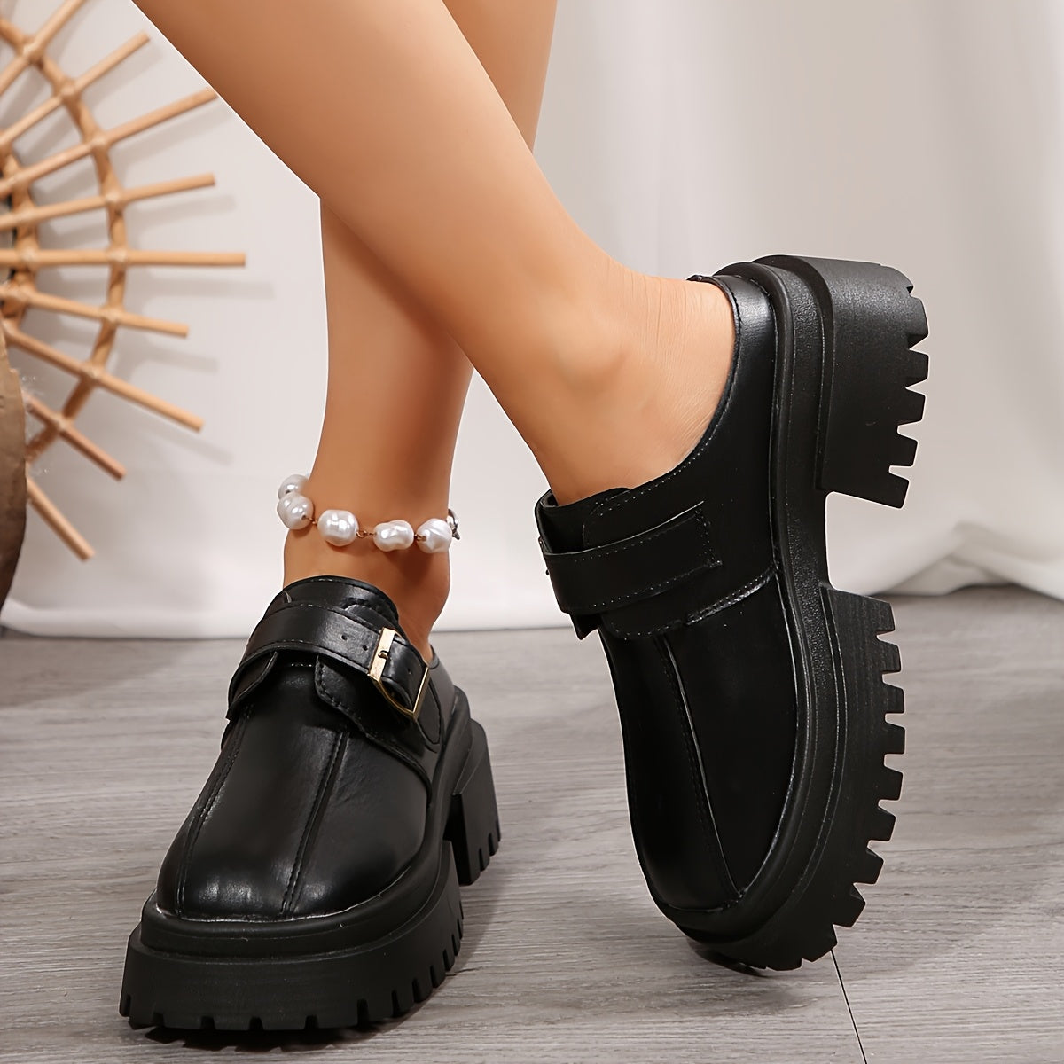 Women's Mules Solid Color Slip-On Loafers Water-Resistant Platform Heels