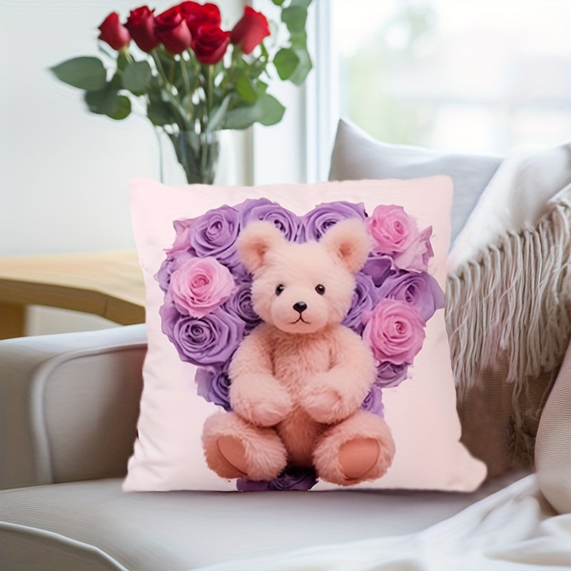 Floral Bear Cushion Cover Double-Sided Woven Polyester Zippered Decorative Pillowcase
